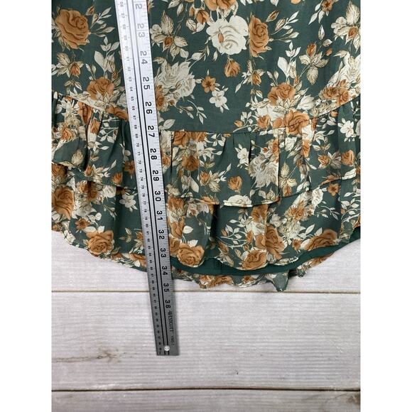 Saints + Secrets Dress M Green Floral Deep V Mini Long Slv Open Lace Up Ruffle - Picture 4 of 11